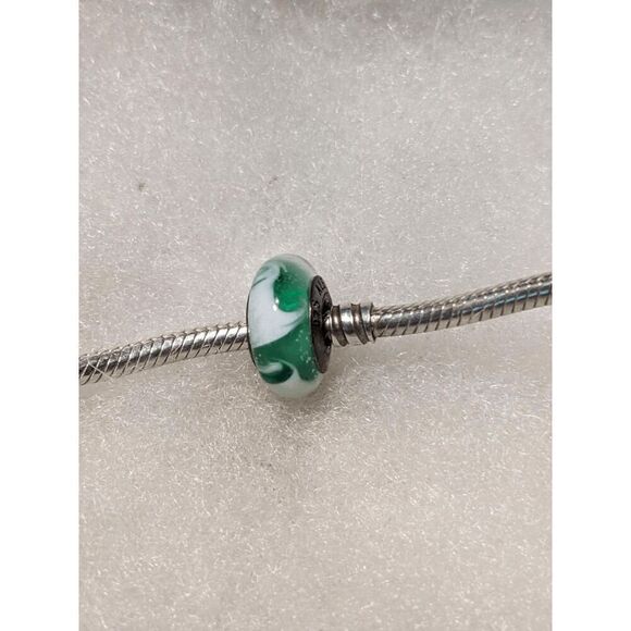 New Pandora Transparent w/Green & White Markings Murano Bead - BEAUTIFUL!!! - Picture 1 of 3